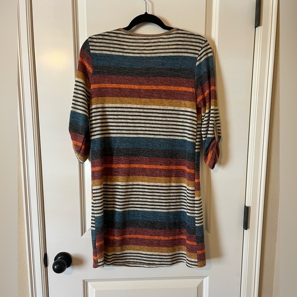 Navy blue, red, orange, beige striped fall colored dress - Picture 5 of 10